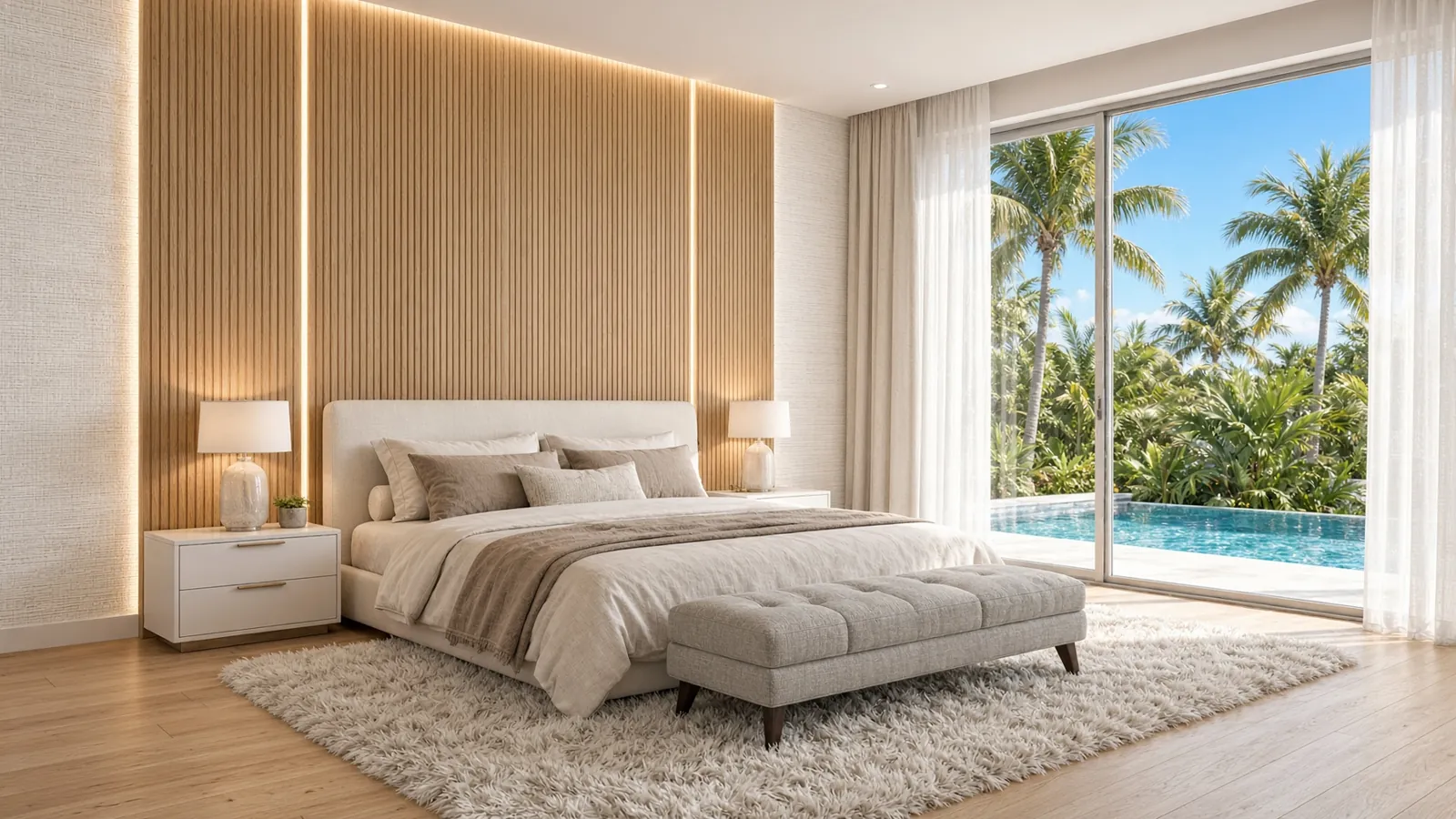 Design inspiration rendering of a bedroom with a backlit vertical wood slat accent wall behind the bed