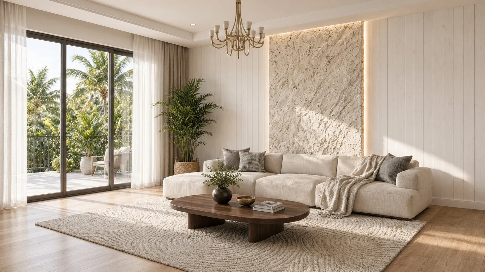 Design inspiration rendering of a living room with a textured feature wall behind the sofa